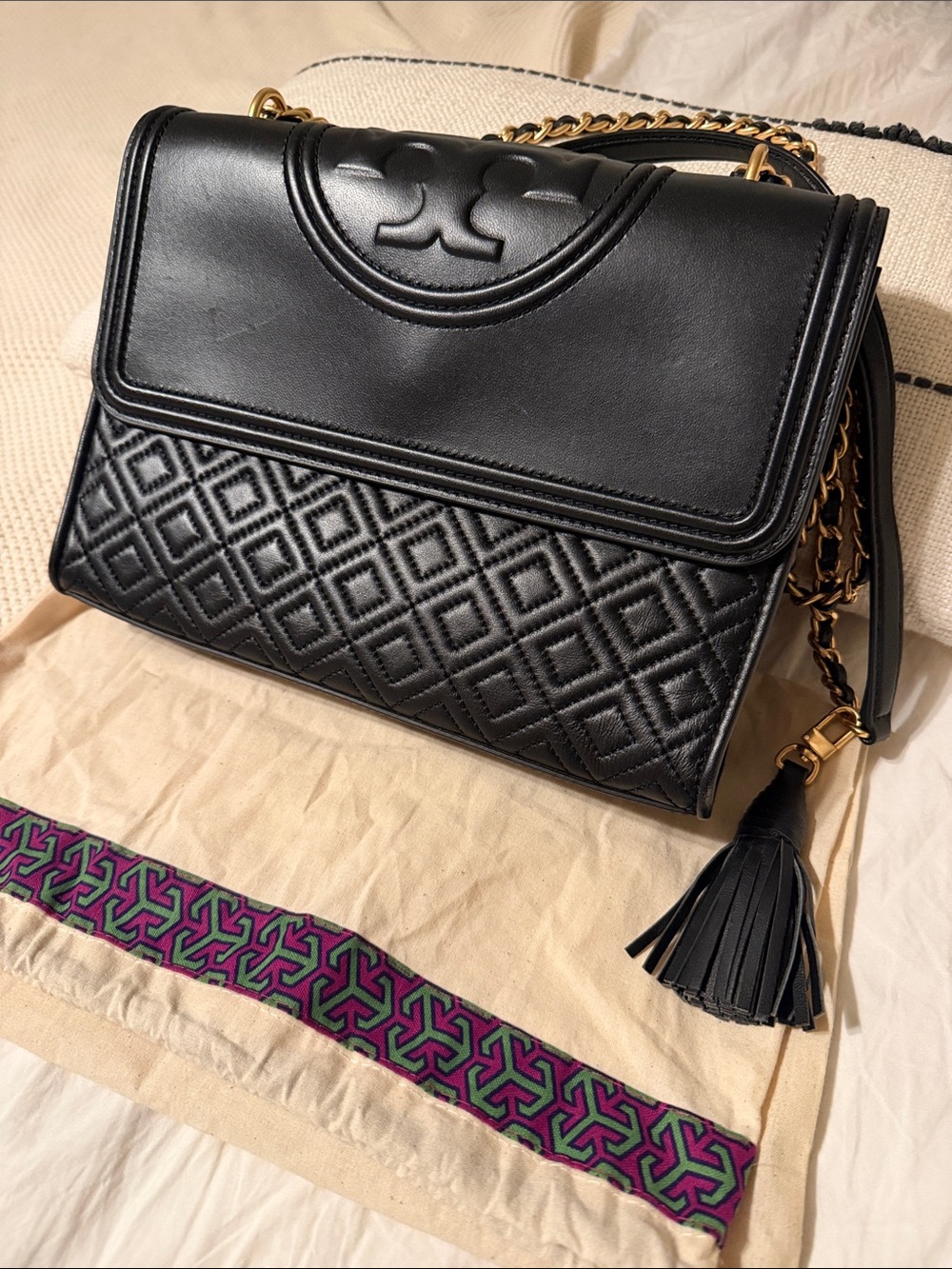 Tory Burch Black Quilted Leather Shoulder Bag with Gold Chain